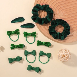 Set de 12 accessoires cheveux verts pour filles avec nœuds en velours et élastiques