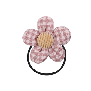 Pink gingham cotton flower hair tie with corduroy center for kids and women