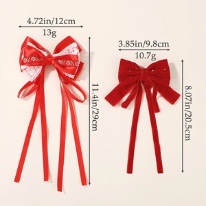 Barrettes à cheveux nœud rouge avec broderie dentelle et pompons pour le Nouvel An