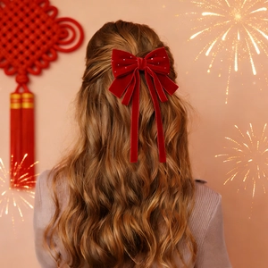 Pince À Cheveux Nœud Rouge Avec Long Gland Pour Filles Nouvel An Satin Broderie Dentelle Velours Strass Épingle