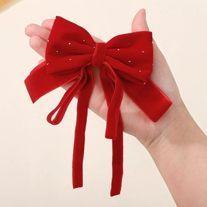 Détail du nœud papillon en velours rouge avec strass argentés et pompons pour filles