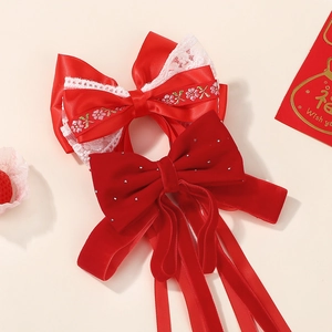 Barrettes à cheveux rouges festives avec broderie cerisier et rubans velours pour filles