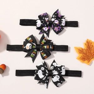 Three-piece Halloween baby headband set with grosgrain ribbon bows and festive ghost prints