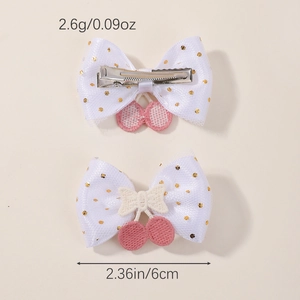 Barrette en tulle blanc à pois dorés avec cerises roses brodées pour enfants