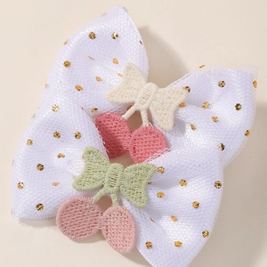 Barrette à cheveux pour enfants avec nœud brodé de cerises et paillettes dorées chic