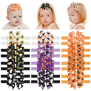 Halloween baby headband set with grosgrain ribbon bows and festive ghost pumpkin prints