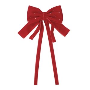 Barrette nœud festif en velours rouge avec strass brillants et longs rubans pendants