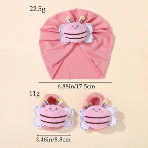 Pink cotton baby turban hat and socks set with cute bee decor and product measurements