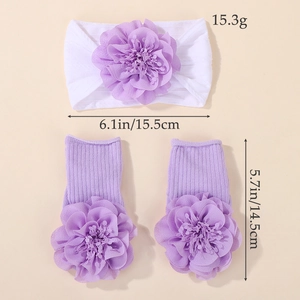 Infant jacquard headband and socks set featuring 3D purple mesh flowers on white fabric