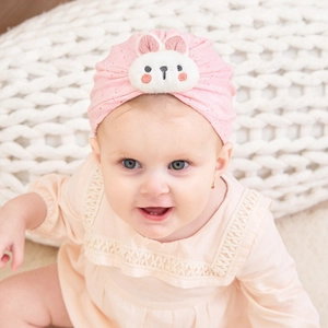 Pink cotton baby turban hat with cute 3D rabbit ears for newborn girls in autumn