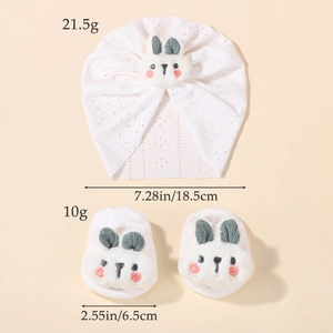White cotton baby turban hat and socks set with cute plush bunny decorations