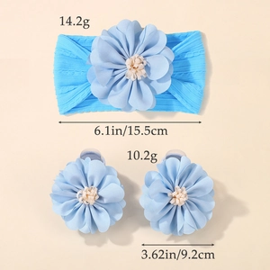 Sky blue baby floral headband and matching soft crib shoes set for infants