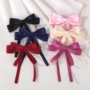 Handmade satin double layer bow hair clips in six assorted colors with long streamers