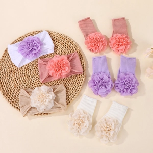Baby headband and sock set with soft knit fabric and large 3D chiffon flowers