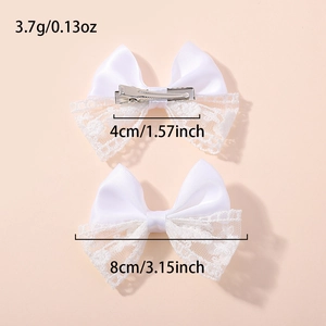 White lace bow hair clips set for girls featuring satin fabric and alligator metal clips