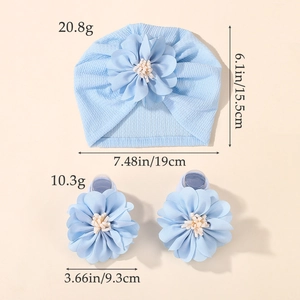 Blue baby turban hat and matching floral socks set with waffle knit texture and large flowers