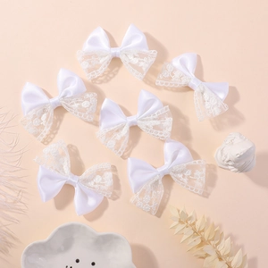 Set of 6 white lace bow hair clips for girls in a vintage French style elegant design