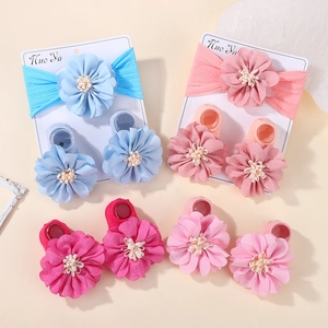Baby Girls Headband And Socks Set Large 3D Flower Elastic Ribbed Hairband Newborn Infant Toddler Hair Accessories Gift Set