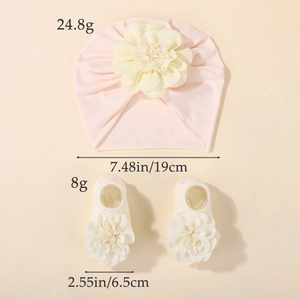 Conjunto de turbante rosa y calcetines con flores 3D para recién nacidos en otoño