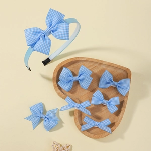 Ensemble serre-tête et barrettes à nœuds à carreaux bleus pour filles style écolière