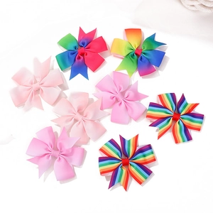 Colorful ribbed grosgrain ribbon bow hair clips set for girls with serrated edges