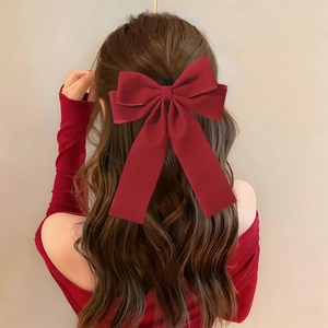 French vintage deep red velvet large bow hair clip with long ribbons for women