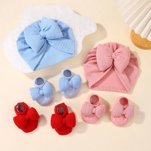 Newborn Baby Turban Hat And Bow Socks Ribbed Knit Cotton Soft Infant Toddler Beanie Headwrap Cute Clothing Accessory