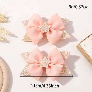 Detail of 11cm pink glitter bow hair clips for girls with silver stars and measurements