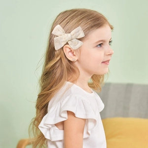 Chic beige floral embroidered bow hair clip for girls, set of four elegant hair accessories