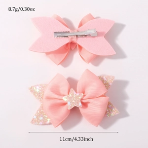 Pink sequin star bow hair clip set with silver metal crocodile clip for girls