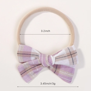 Infant nylon headband with purple plaid fabric bow, handmade hair accessory for babies
