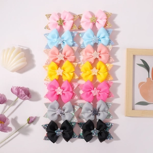 14-piece set of cute girl's star hair clips with colorful bowknots and glitter stars