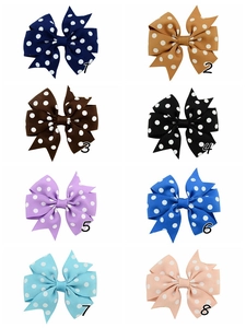 Detailed set of 8 pieces polka dot grosgrain ribbon hair bows for girls in various colors