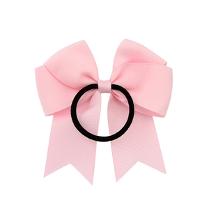 Pink grosgrain ribbon fishtail bow hair tie for kids with black elastic rope