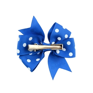 Navy blue polka dot grosgrain ribbon hair bow with gold metal alligator clip back view