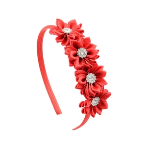 Serre-tête rouge pour enfants en satin avec quatre fleurs faites main et strass