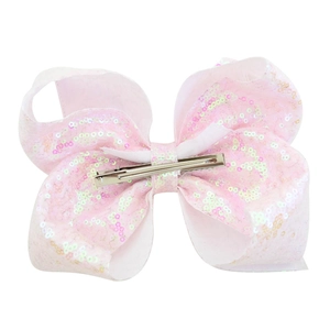 Pink sequin bow hair clip for girls with a durable silver metal alligator back