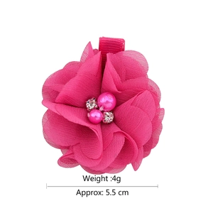 Chiffon fabric flower hair clip with pearls and rhinestones in rose red color