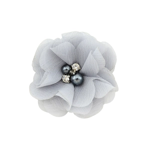 Detail of 5cm grey chiffon fabric flower with hand-sewn pearls and sparkling rhinestones