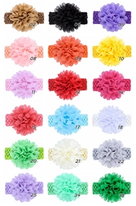 Detail showcasing eighteen various colors of chiffon flower headbands for babies with codes