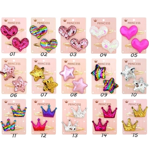 Set of 15 styles of glitter sequin hair clips for girls in heart star and crown shapes