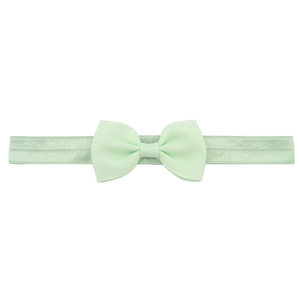 Detailed view of mint green ribbed fabric bow headband for infants with elastic band