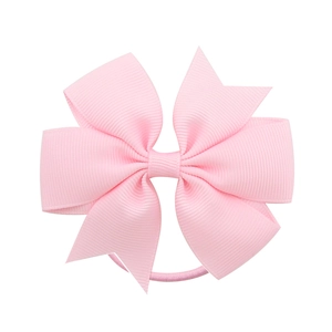 Detailed view of Baby Pink grosgrain ribbon bow hair tie with elastic band for girls