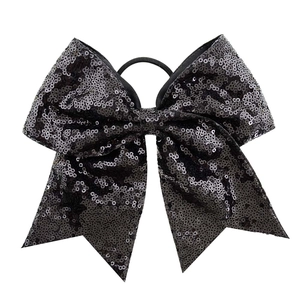 8 inch large sequined bow hair tie with black glitter ribbon and elastic band for girls