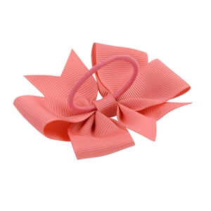 Pink ribbed grosgrain ribbon bow hair tie for girls with elastic band on white background
