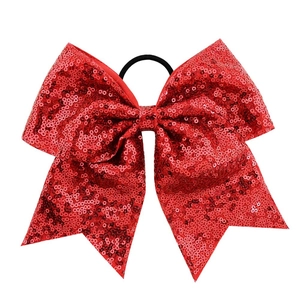 Large 8 inch red sequin cheer bow hair tie with high elastic band for girls