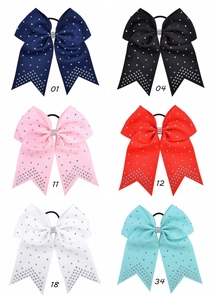 Detail view of 6-color 7-inch grosgrain ribbon cheer bows with sparkling rhinestones