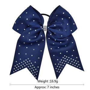 7-inch navy blue grosgrain ribbon hair bow with white rhinestones and elastic band