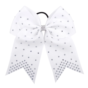 7-inch white grosgrain ribbon hair bow with silver rhinestones and black elastic band