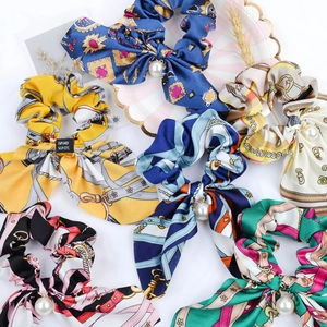 Satin Hair Scrunchies With Bow And Faux Artificial Pearl Pendant Vintage Printed Elastic Hair Ties For Women Daily Party Hair Accessories